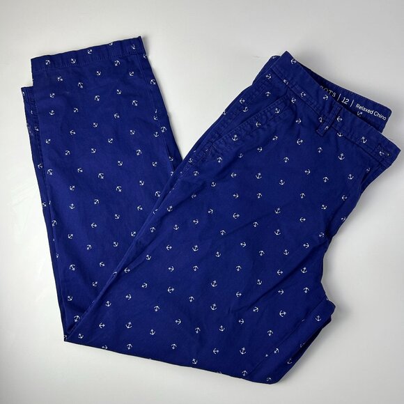 Talbots‎ Navy White Anchor Stretch Cotton Relaxed Chino Pants Womens 12 Nautical - Picture 1 of 12